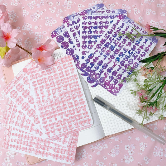 Sakura and Galaxy Themed Journal Bujo Polco Sticker Sheets | Alphabet, Numbers, Hearts & Stars, Circles