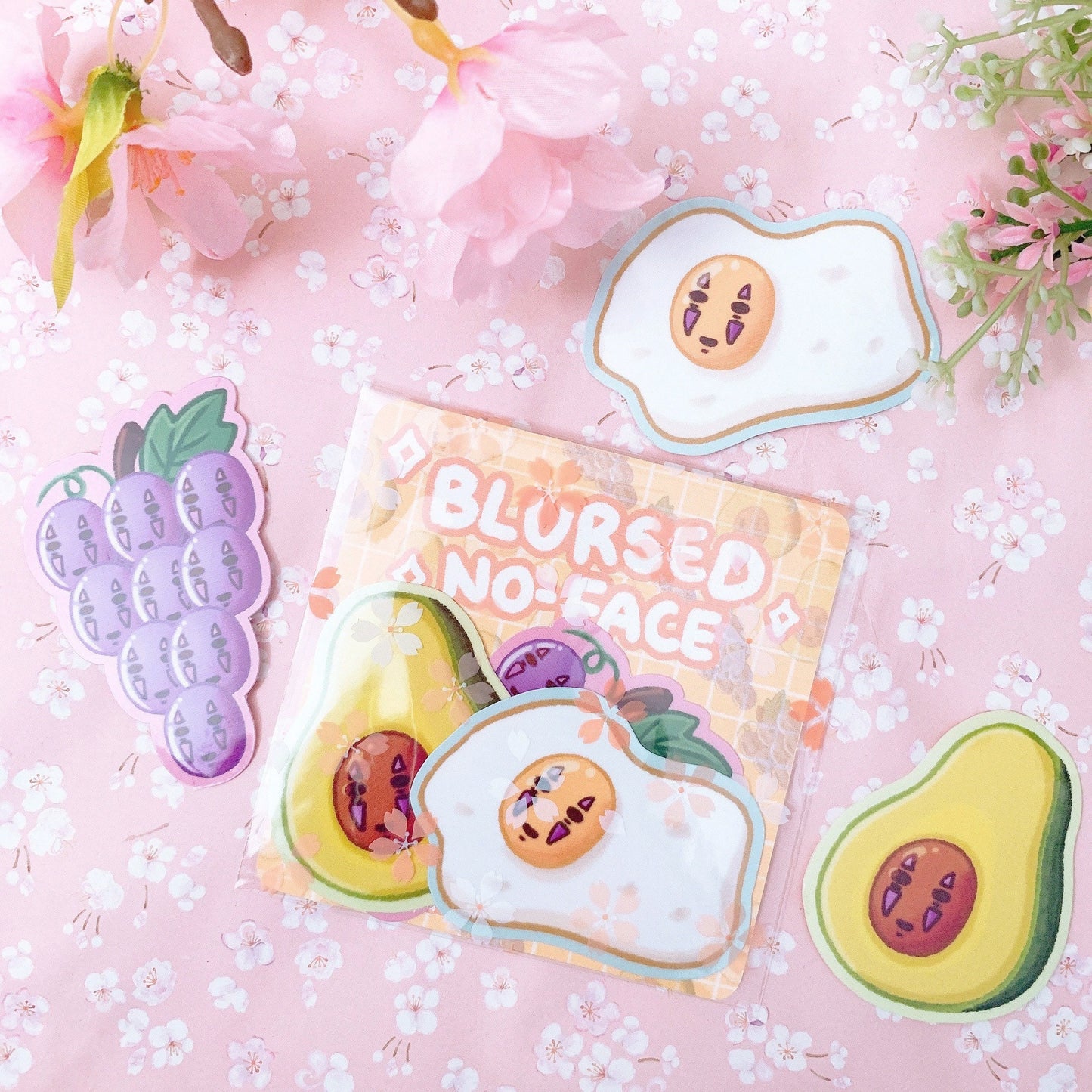 Blursed No-Face Noms | Laminated Vinyl Sticker Pack (3 Stickers) | Egg No-Face, Avocado No-Face, Grape No-Face