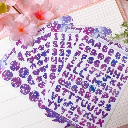Sakura and Galaxy Themed Journal Bujo Polco Sticker Sheets | Alphabet, Numbers, Hearts & Stars, Circles